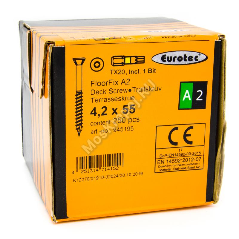 Саморезы Eurotec FloorFix A2 4.2x55 для террасной доски и фасадов (250шт. + бита)