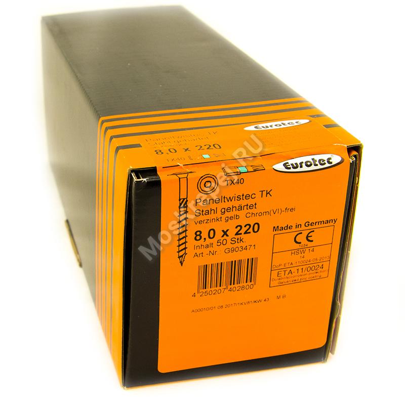Конструкционные саморезы Eurotec 8x220 Paneltwistec Тарельчатая головка, сталь с желтой оцинковкой