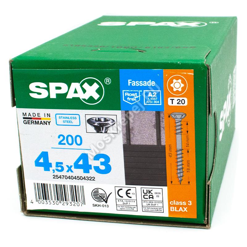 Саморез для фасадной доски с двойной резьбой SPAX 4.5x43 чёрный из нержавейки (200 шт.)