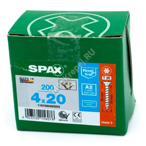 Саморез универсальный SPAX 4x20, полная резьба, нержавеющая сталь A2 (200шт.)