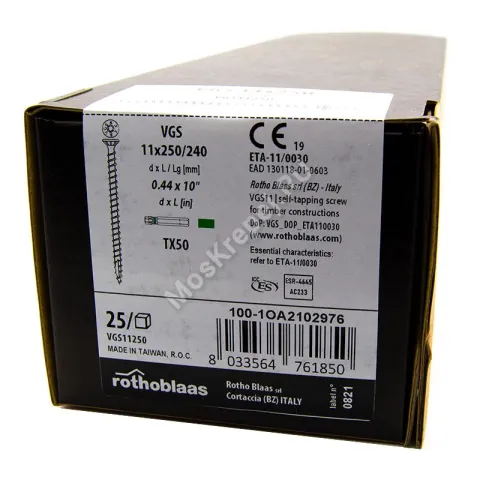 Саморез полнонарезной с потайной головкой Rothoblaas VGS 11x250 (25 шт.)