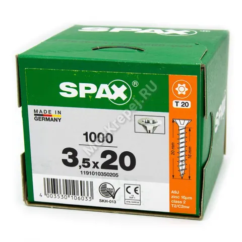 Саморез SPAX 3,5x20 универс. потай. полная резьба (1000 шт.)